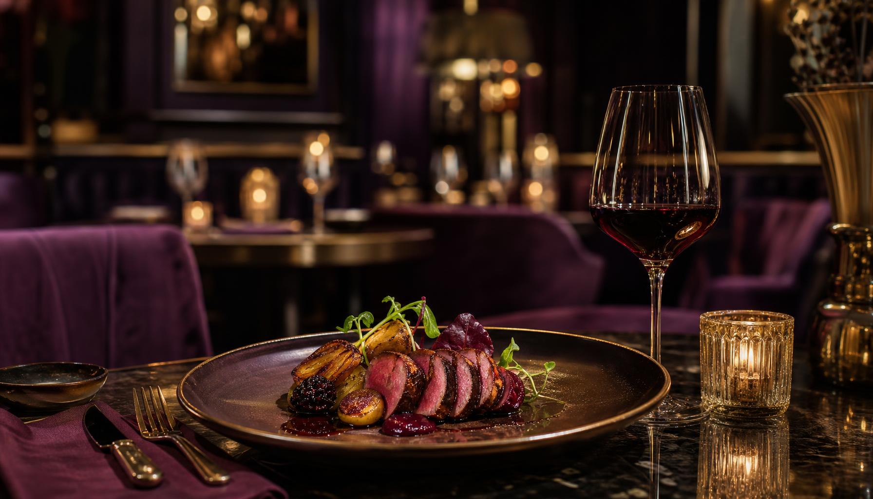 A gourmet dish and glass of red wine in a candlelit luxury restaurant
